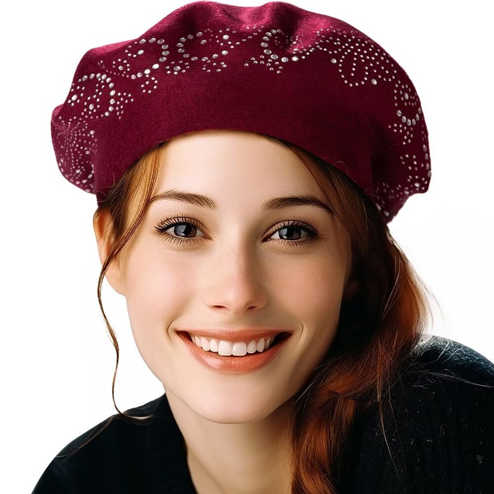 4713 French Beret Hats For Women Wool Knit Caps Woman Winter Barette Wine Red